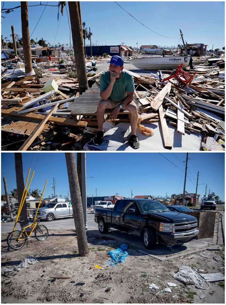 This combination photo taken Oct. 12, 2018, top, shows Hector Morales sitting on a debris pile on a street corner near his home which was destroyed days earlier by Hurricane Michael in Mexico Beach, Fla., and the same corner on Jan. 25, 2019, bottom. 
