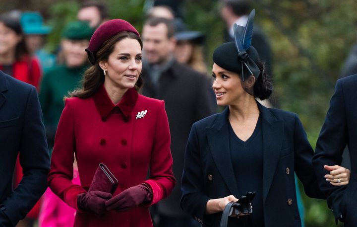 The Duchess of Cambridge and the Duchess of Sussex arriving to the Christmas Day morning church service at St. Mary Magdalene Church in Sandringham, Norfolk.