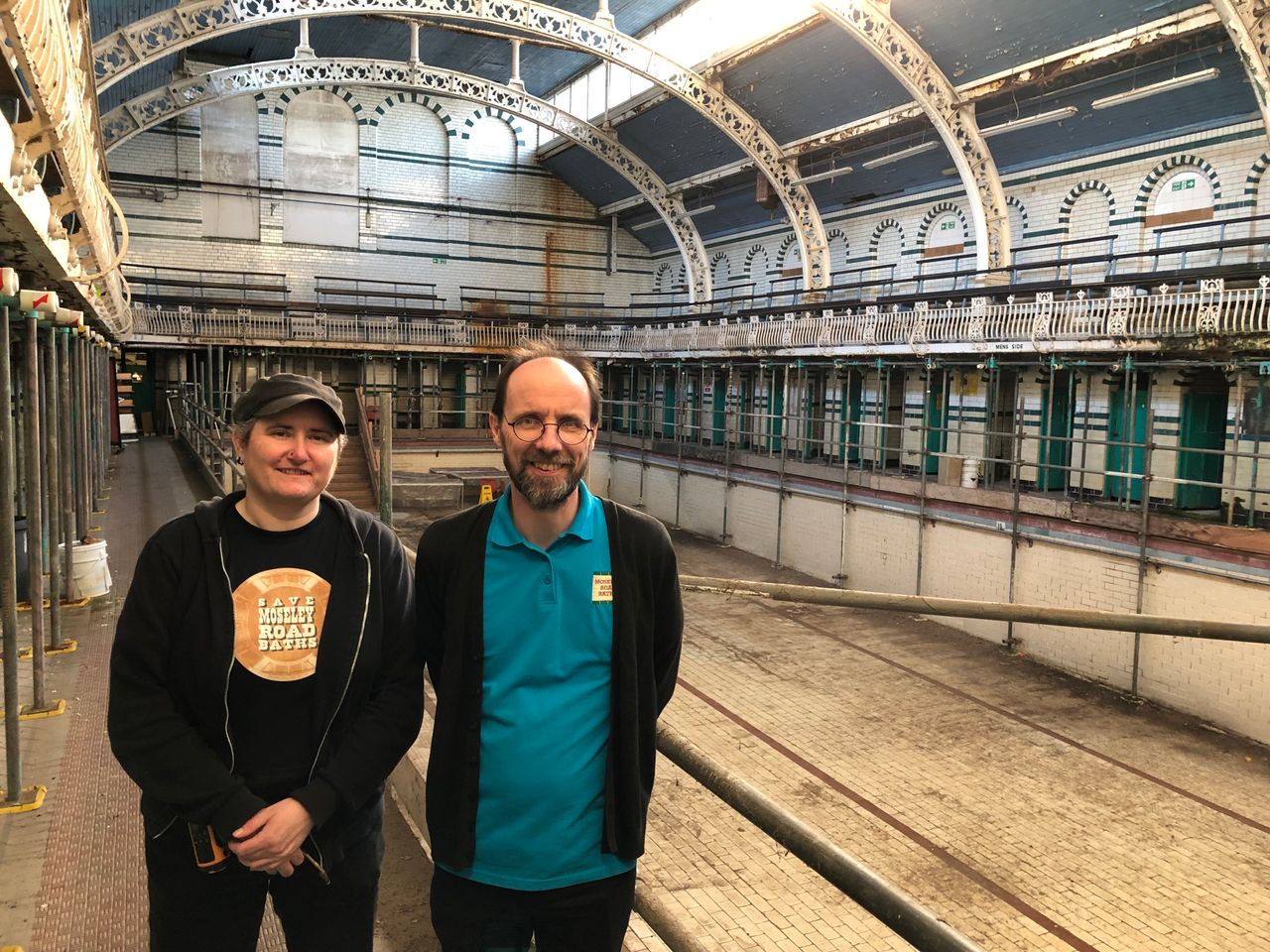 Viv Harrison and Mark Gunton, trustees of Moseley Road Baths in the second pool, which is yet to be refurbished.