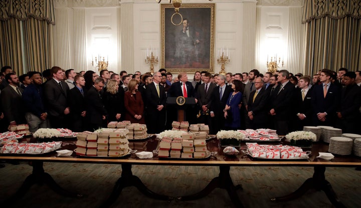 Trump presents a fast-food feast to the Bison football team, which was celebrating its seventh Football Championship Subdivision win.