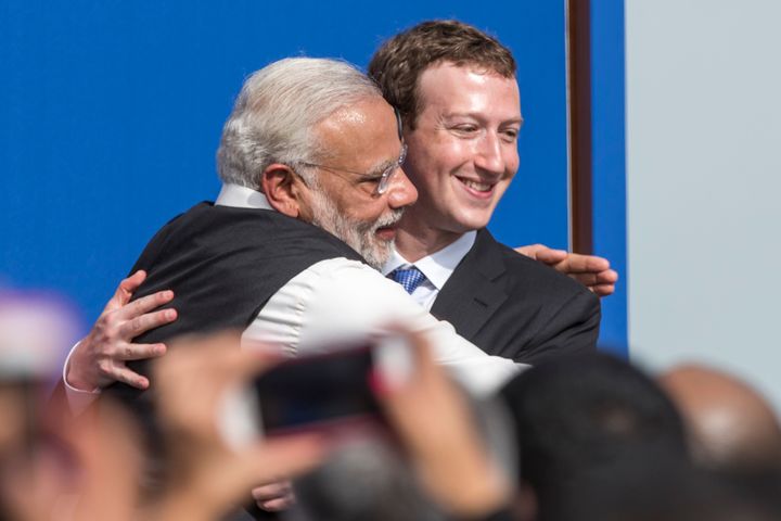 File photo of Prime Minister Narendra Modi, left, and Mark Zuckerberg, CEO of Facebook Inc., embracing at the conclusion of a town hall meeting at Facebook headquarters in Menlo Park, California, U.S., on Sept. 27, 2015. In contrast with the current mood, early in Modi's term, his government was seen as favourably inclined towards social media platforms. 