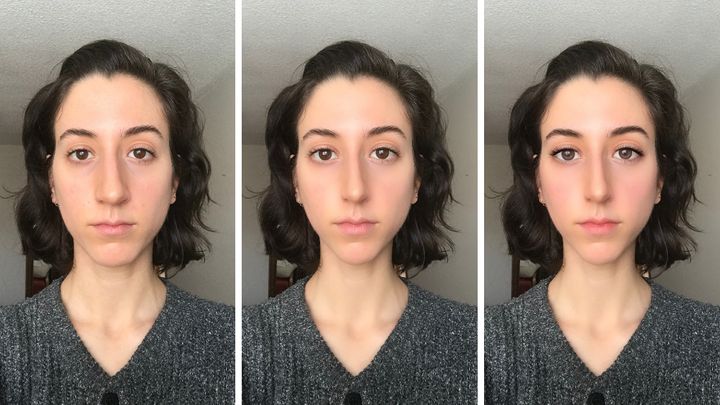 Rankin edited a photo of the writer using the apps that were made available to the teens involved in the "Selfie Harm" project. The photo on the left is the original, the middle features facial edits, the right features the facial edits with makeup added digitally. 