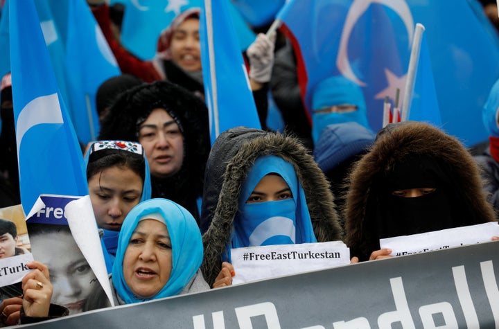 Uighur protesters in Istanbul, Turkey, protesting China's alleged persecution of the ethnic group in Xinjiang province, on Fe