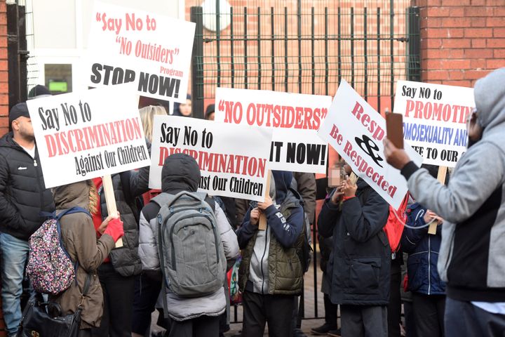Protestors seen outside the Parkfield community school earlier this month.