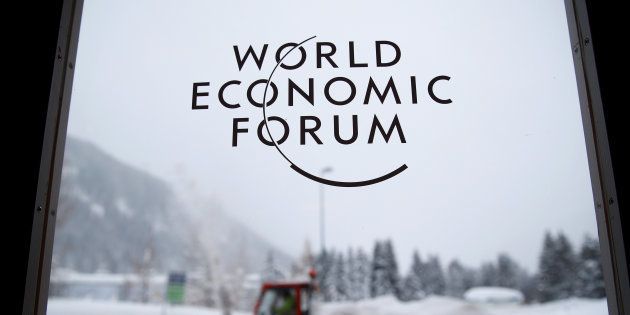 A logo is pictured on a window ahead of the World Economic Forum (WEF) annual meeting in the Swiss Alps resort of Davos, Switzerland January 21, 2018.