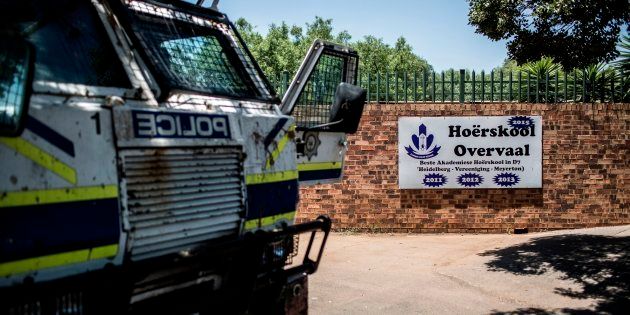 A police van parked outside Hoërskool Overvaal in Vereeniging during a protest against language and admission policies on January 19, 2018.