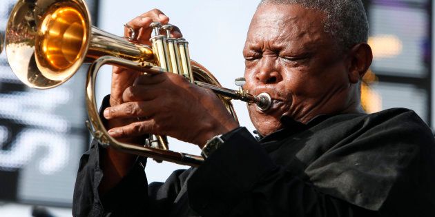 South African trumpeter and musician Hugh Masekela performs on the final day of the 21st Annual St. Lucia Jazz festival at Pigeon Island National Landmark, May 13, 2012. REUTERS/Andrea De Silva (ST. LUCIA - Tags: ENTERTAINMENT)