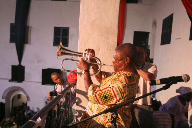 South African trumpet player Hugh Masekela practices before a show at Elmina castle in Cape Coast March 25, 2007.