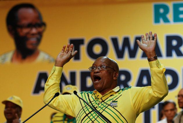 President Jacob Zuma gestures during the 54th National Conference of the ruling ANC .