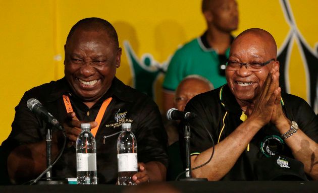 South Africa's President Jacob Zuma (R) jokes with his party's newly appointed Deputy President Cyril Ramaphosa.