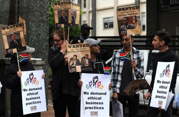 Future SA supporters picket outside the McKinsey offices on October 05, 2017 in Sandton, South Africa. The civil society group protested against the way in which the global company conducted itself in relation to its empowerment partner Trillian Capital and their business deals with Eskom.