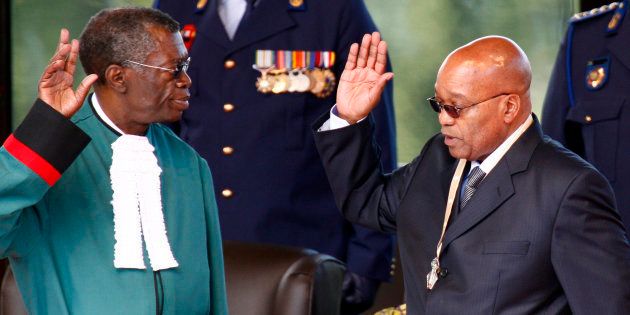 Former chief justice Pius Langa swears in Jacob Zuma as South Africa's president at the Union Buildings in Pretoria May 9, 2009.