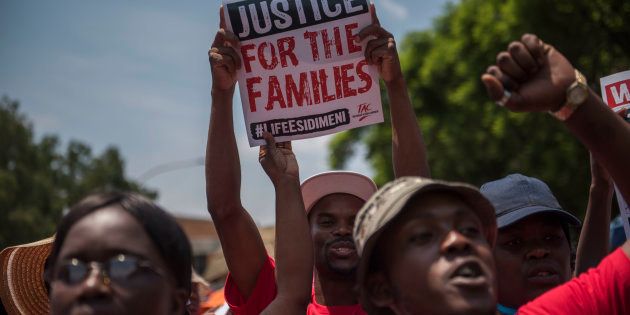 Protests during the testimony of former Gauteng Health MEC Qedani Mahlangu at the Life Esidimeni arbitration hearings on January 22, 2018 in Johannesburg.