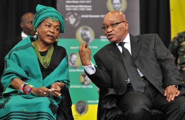 President Jacob Zuma (R) chats to former deputy president Baleka Mbete during his visits the Fort Hare University. (Photo by Foto24/Gallo Images/Getty Images)