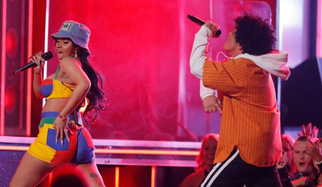 Cardi B and Bruno Mars perform at the 2018 Grammy Awards.
