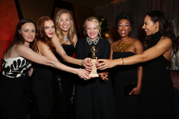 (L-R) Actors Alexis Bledel, Madeline Brewer, Yvonne Strahovski, Elisabeth Moss, Samira Wiley and Amanda Brugel attend Hulu's 2018 Golden Globes After Party at The Beverly Hilton Hotel on January 7, 2018 in Beverly Hills, California. (Photo by Rachel Murray/Getty Images for Hulu)
