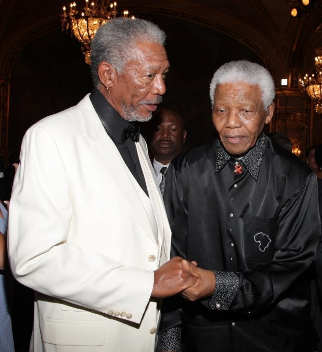 Actor Morgan Freeman (L) and Nelson Mandela attend the 'Unite For A Better World Gala Dinner' on September 2, 2007 at the Hotel de Paris in Monte Carlo, Monaco.