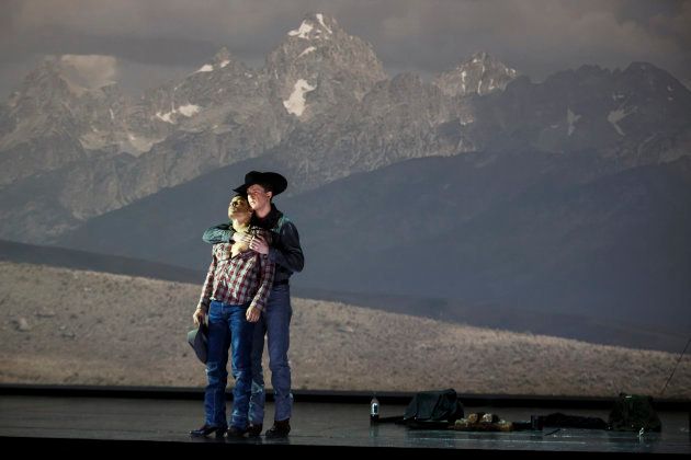 American tenor Tom Randle (Jack Twist) (L), and Canadian bass-baritone Daniel Okulitch (Ennis del Mar), perform during a dress rehearsal of the opera "Brokeback Mountain" at the Teatro Real in Madrid, January 24, 2014.