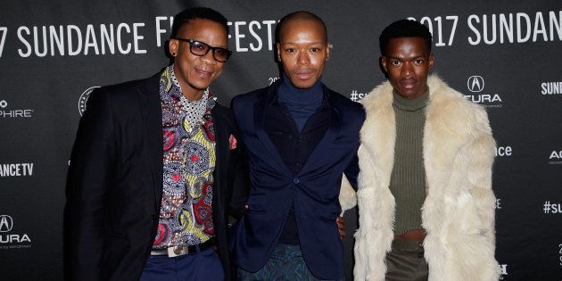 (L-R) Actors Bongile Mantsai, Nakhane, and Niza Jay Ncoyini attend the 'Inxeba' premiere at the 2017 Sundance Film Festival.