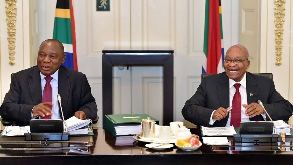 The men of the hour! Zuma, clearly in charge, Cabinet memoranda at the ready, notepad good to go, about to chair a meeting of the country's executive. Ramaphosa, by the looks of it, every bit the consummate supporting act. We're led!