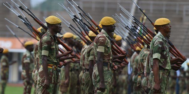 Zimbabwe Defence Force soldiers stand in formation on November 23, 2017, during drills to prepare for the inauguration of incoming president Emerson Mnangagwa.