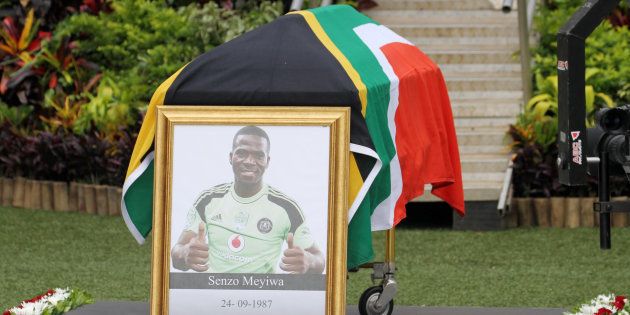 The coffin of the late Senzo Meyiwa during his funeral service at Moses Mabhida Stadium.