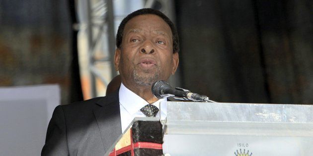 Zulu King Goodwill Zwelithini delivers a speech during a traditional gathering called Imbizo at the Moses Mabhida Football Stadium in Durban on April 20, 2015.