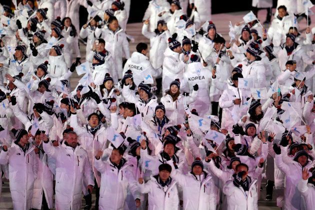 North Korean and South Korean athletes during the Opening Ceremony of the PyeongChang 2018 Winter Olympic Games at the PyeongChang Olympic Stadium in South Korea.