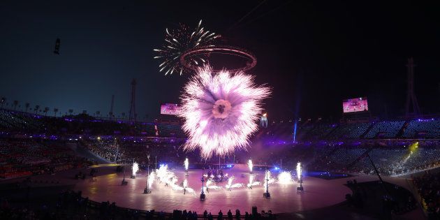 Fireworks are set off as the Olympic torch is lit during the Opening Ceremony of the PyeongChang 2018 Winter Olympic Games.