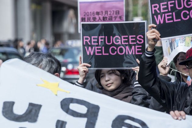 A group of protesters gathered in Shibuya ward, Tokyo, March 27,2016, and carried out a demonstration to criticize about the outrageousness of Japan's refugee acceptance readiness.