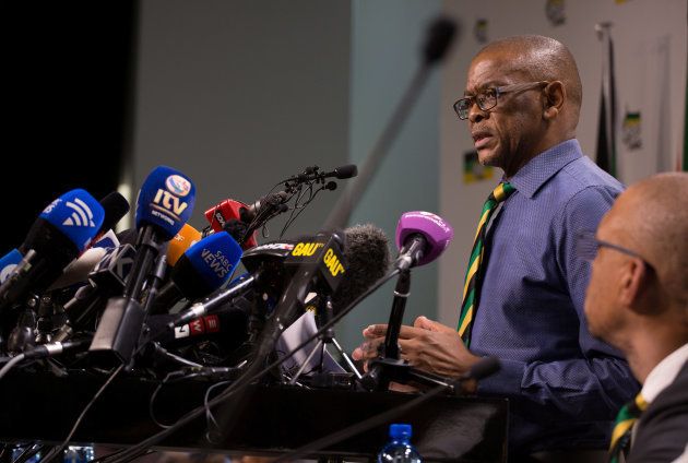 African National Congress (ANC) Secretary-General Ace Magashule and members of the ANC National Executive Committee address a media conference in Johannesburg, South Africa, February 13, 2018. REUTERS/James Oatway