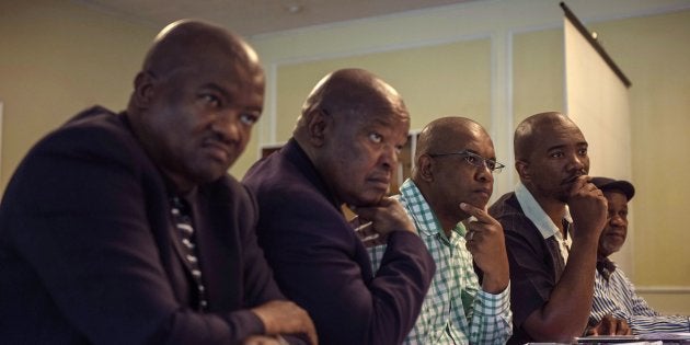 South African opposition parties' leaders Holomisa (UDM), Lekota (COPE), Mpofu (EFF), Maimane f (DA) and a member of IFP give a press briefing after a meeting on a possible motion of no confidence against Jacob Zuma, April 3, 2017, Johannesburg, South Africa.