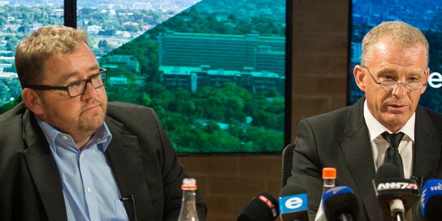 Former National Prosecuting Authority (NPA) advocate Gerrie Nel and AfriForum CEO Kallie Kriel during a media briefing to announce Nels resignation from the NPA on January 31, 2017 in Johannesburg, South Africa.
