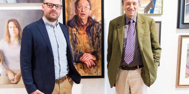 LONDON, ENGLAND - MAY 04: Artist David Maiden and Lord Joel Joffe pose next to his portrait at the Royal Society of Portrait Painters Photocall at the Mall Galleries on May 4, 2016 in London, England. (Photo by Ian Gavan/Getty Images)