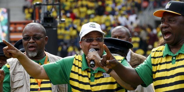 South African President Jacob Zuma addresses supporters of his ruling African National Congress (ANC), at a rally to launch the ANC's local government election manifesto in Port Elizabeth, April 16, 2016.