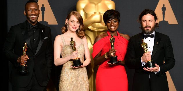 Mahershala Ali with the award for Best Supporting Actor, Emma Stone with the award for Best Actress, Viola Davis with the award for Best Supporting Actress and Casey Affleck with the award for Best Actor in the press room at the 2017 Academy Awards held at the Dolby Theatre in Hollywood, Los Angeles, USA.