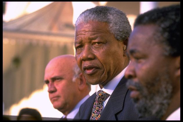 South African former president Nelson Mandela flanked by Thabo Mbeki, & F.W. de Klerk.