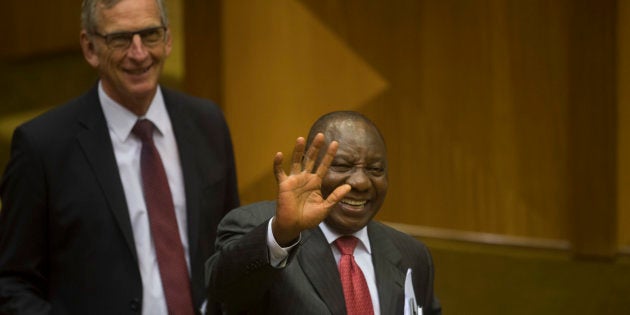 President Cyril Ramaphosa and his parliamentary counsellor, Gerhard Koornhof (MP). Ramaphosa is attending the debate on his state of the nation address on Monday. He will reply on Tuesday.