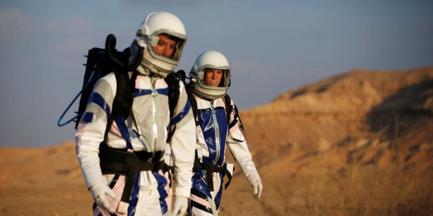 Israeli scientists participate in an experiment simulating a mission to Mars, at the D-MARS Desert Mars Analog Ramon Station project of Israel's Space Agency, Ministry of Science, near Mitzpe Ramon, Israel, February 18, 2018.