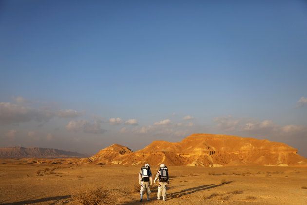 Israeli scientists participate in an experiment simulating a mission to Mars, at the D-MARS Desert Mars Analog Ramon Station project of Israel's Space Agency, Ministry of Science, near Mitzpe Ramon, Israel, February 18, 2018.