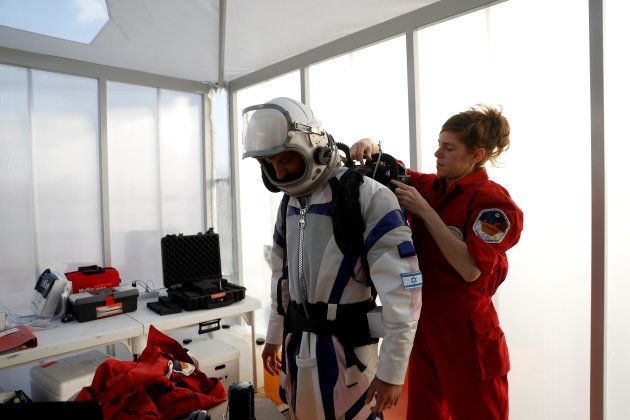 Israeli scientists participate in an experiment simulating a mission to Mars, at the D-MARS Desert Mars Analog Ramon Station project of Israel's Space Agency, Ministry of Science, near Mitzpe Ramon, Israel, February 18, 2018.