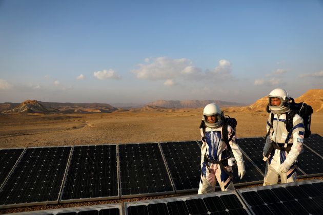 Israeli scientists participate in an experiment simulating a mission to Mars, at the D-MARS Desert Mars Analog Ramon Station project of Israel's Space Agency, Ministry of Science, near Mitzpe Ramon, Israel, February 18, 2018.