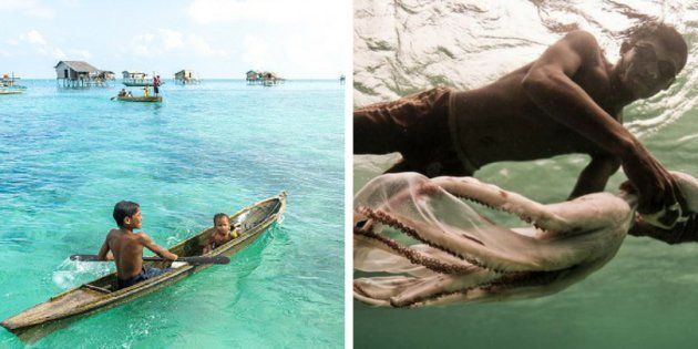The Bajau Laut people, marine nomads, survive fishing.