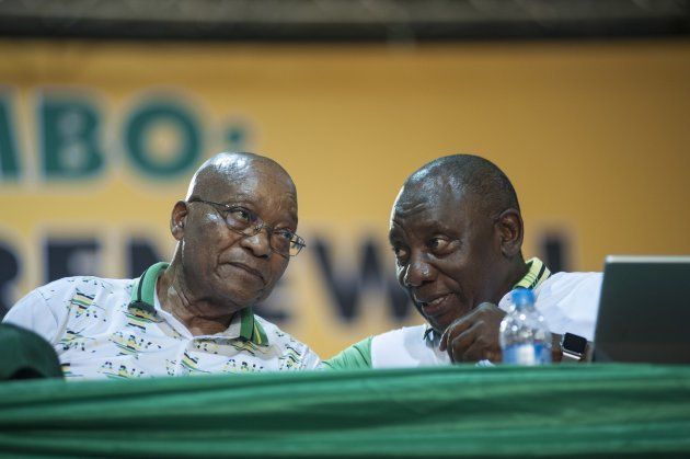 Cyril Ramaphosa (R) and President of South Africa Jacob Zuma (L) attend African National Congress (ANC) at the Nasrec Expo Center in Johannesburg, South Africa on December 18, 2017.