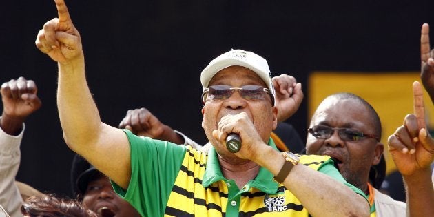 Former president Jacob Zuma sings and dances during the Party official launch of the Municipal Elections manifesto on April 16, 2016 in Port Elizabeth, South Africa.