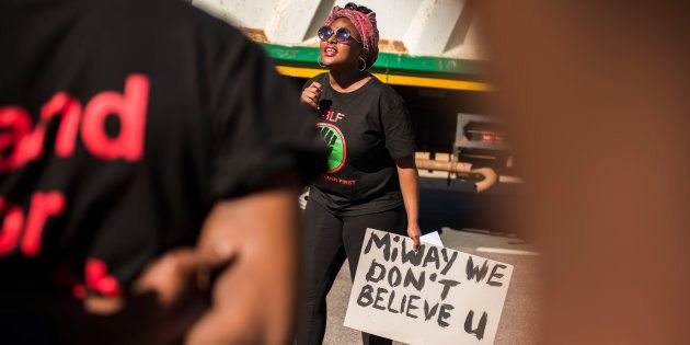 Black First Land First (BLF) members led by Andile Mngxitama and Zanele Lwaini protests outside MiWay Insurance headquarters following an allegedly fake email scandal on July 21, 2017 in Centurion.