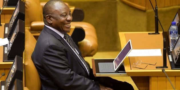 Does grinning mean winning? President Cyril Ramaphosa in the National Assembly on Monday.