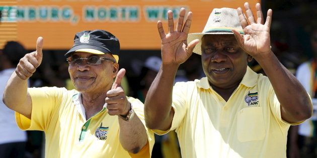 South African president, Cyril Ramaphosa, and his predecessor, Jacob Zuma, during the party's 104th-anniversary celebrations in Rustenburg. January 9, 2016.