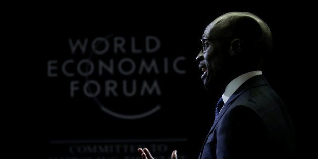 South African finance minister Malusi Gigaba speaks to journalists at the World Economic Forum on Africa 2017 meeting in Durban. May 3, 2017.
