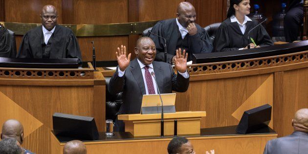 Cyril Ramaphosa, newly sworn-in South African president, addresses Parliament on February 20, 2018.